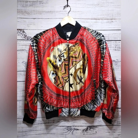 Southwest Pizazz Vintage Native Feather Design Bomber Jacket Western Maximalist - Picture 1 of 8